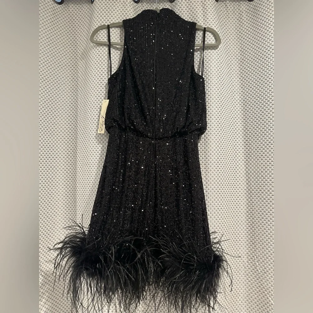 Eliza J Mock Neck Feather Hem Blouson Waist Sequin Sleeveless dress black 8P NWT - Picture 5 of 13